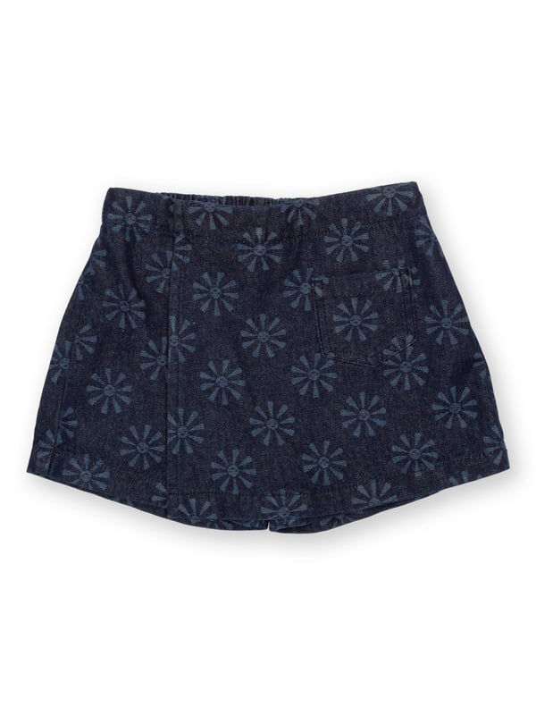 100% organic cotton |  Light navy etched smiley sun design |  Navy blue |  Lightweight denim fabric |  Apple enzyme washed for a soft hand feel |  Skirt with matching built-in shorts |  Single front pocket |  Elasticated waistband |  Made in Turkey |  Machine washable at 40 degrees, or at 30 degrees to be kinder to the planet