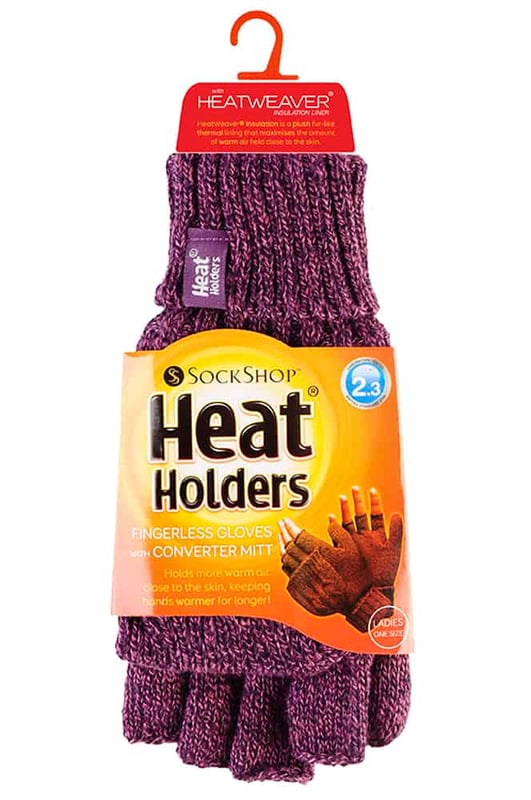Here’s the very latest addition to the Heat Holders range – beautifully soft, fabulously warm ladies Heat Holders 2.3 Tog Heatweaver Yarn Fingerless Gloves with Converter Mitt. These mitten-style Gloves offer you the best of both worlds, with open-ended fingers for when you need a delicate touch, such as delving in your purse or texting, and warm mitten caps to slip back over in an instant! These pretty cable knit Gloves have Heat Holders yarn for superb insulation and moisture wicking, along with Heatweaver insulation, a silky plush fur-like lining that effectively maximises the amount of warm air held against your skin. The Heat Holders cuff is extendable, unfolding to create long protective cuffs sleeves that hugs the wrist for extra warmth and insulation.