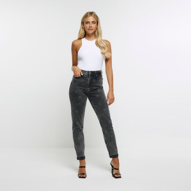 River Island Womens Mom Jeans Black Studded