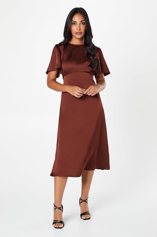 Petite Satin Ruffle Sleeve Midi Dress