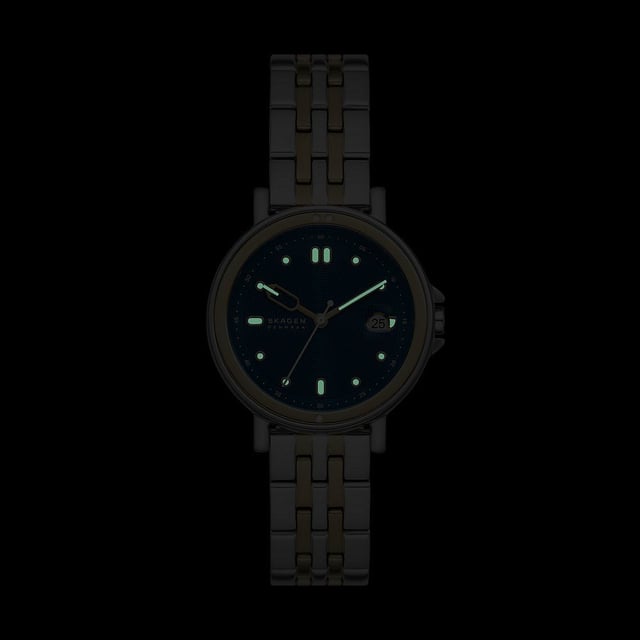 This Skagen Signatur Sport Lille Analogue Watch for Women is the perfect timepiece to wear or to gift. It's Multicolour 34 mm Round case combined with the comfortable Multicolour Stainless steel watch band will ensure you enjoy this stunning timepiece without any compromise. Operated by a high quality Quartz movement and water resistant to 5 bars, your watch will keep ticking. Elegant and fashionable watch that is suitable for the daily life of every Women. This Analogue watch has a calendar function: Date , Luminous Hands and Luminous Numbers High quality 19 cm length and 16 mm width Multicolour Stainless steel strap with a Fold over with push button clasp Case diameter: 34 mm,case thickness: 8 mm, case colour: Multicolour and dial colour: Blue