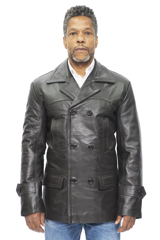 Leather peacoat mens hot sale