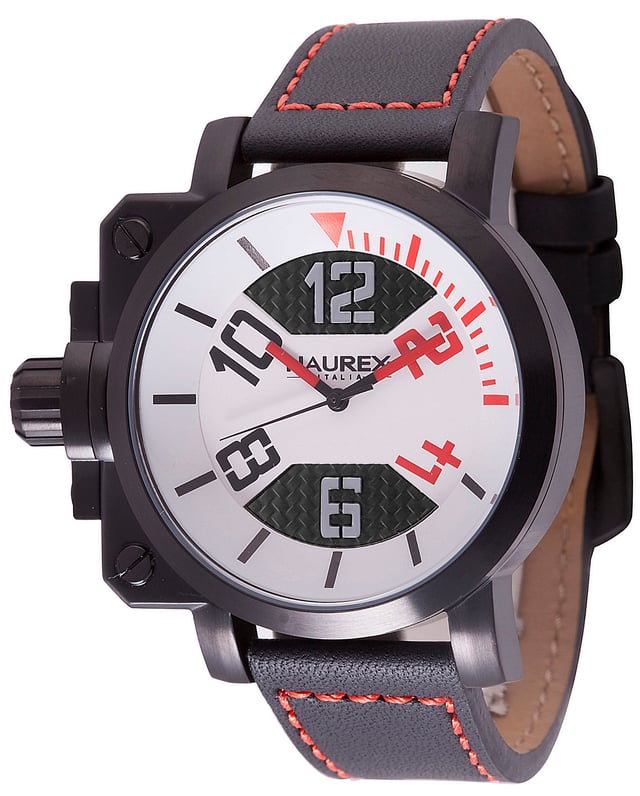 Haurex italy:gun men's watch steel case, black/red dial, black with red leather strap