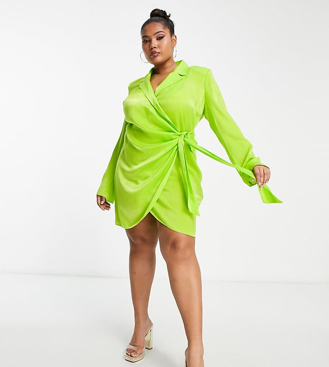 ASOS DESIGN Curve satin wrap blazer mini dress in lime Green