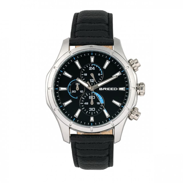 Brushed Alloy Case; Precision Japanese Quartz Movement; Full-Function Chronograph; Non-Glare Scratch Resistant Mineral Crystal; Logo-Engraved Stainless Steel Caseback; Genuine Leather Crocodile-Embossed Strap; Logo-Engraved Stainless Steel Clasp; Luminous Hands; Luminous Markers; 24-Hour Sub-Dial; 47mm Case Diameter; 5 ATM Water Resistance;