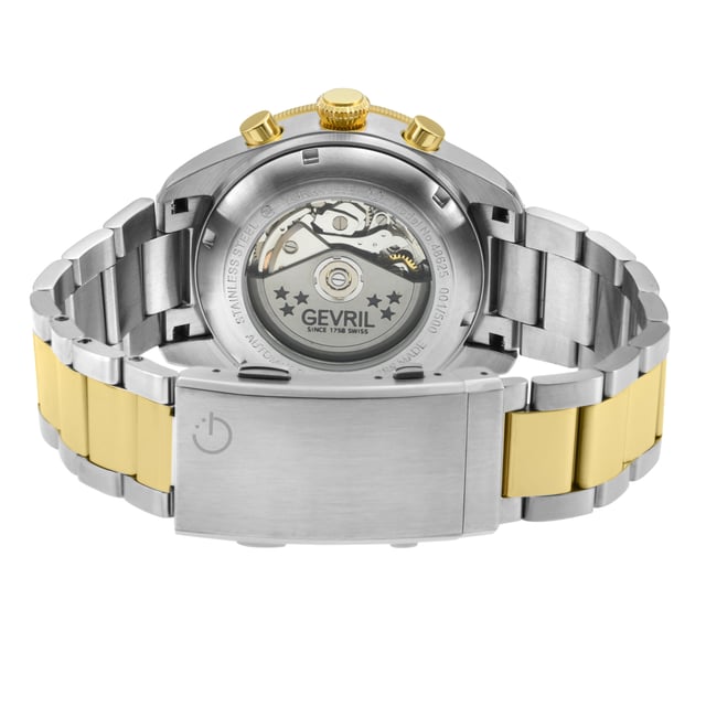 Gevril 48625B Men's Yorkville Chronograph Swiss Automatic Watch
Gevril Men's Swiss Automatic from the Yorkville Collection
43mm Round Stainless Steel Satin and Polished Chronograph Case, Green Bezel, Green to Black Dial
Day-Date at 3 o'clock Exhibition Case Back
Screw down Crown with Gevril Logo
IPYG Satin Bracelet with Deployment Buckle
Anti-reflective Sapphire Crystal
Water Resistant to 200 Meters/20 ATM
Swiss Made Automatic Movement ETA 7750