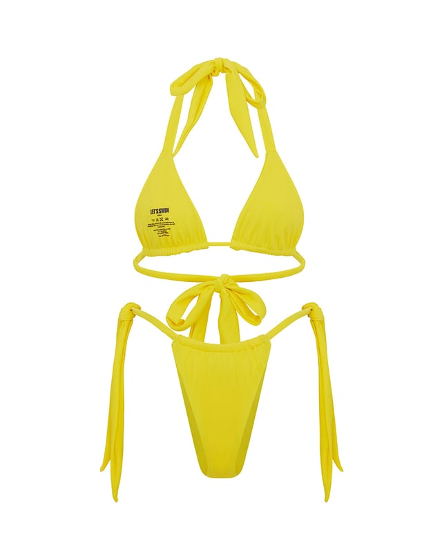 Designed to be worn to be seen, this yellow halterneck triangle bikini top boasts neck and back tie fastenings and drawstring cups for ultimate customisation. Pair with the matching tie-side bikini bottom for full impact.