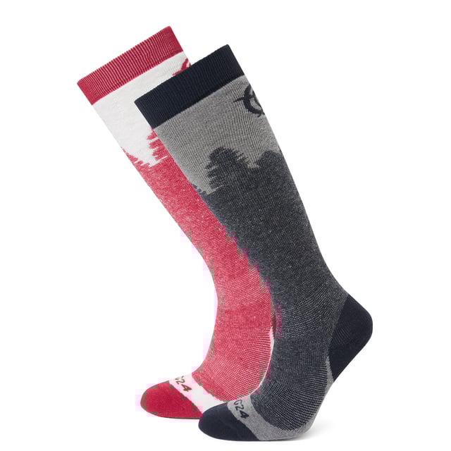 Aprica 2 Pack Womens Ski Sock Dark Indigo/Dark Pink If you want to ski in comfort then you need a pair of our Aprica Ski Socks. These sumptuous socks feature heavy cushioning, which means there's padding right the way around the sock making these perfect for anyone who wants to ensure total protection for thier feet. You can be sure that rubbing and blistering will be kept to a minimum, so you can focus on the slopes ahead. These socks are made from a merino fabric blend and include great features like re-inforced heel and toe areas, elastic support at the ankle and foot arch and a non-slip grip cuff to keep your socks tight against the leg. These socks come in a range of colours and boast a cool Alpine design so you'll look as good as you feel.
