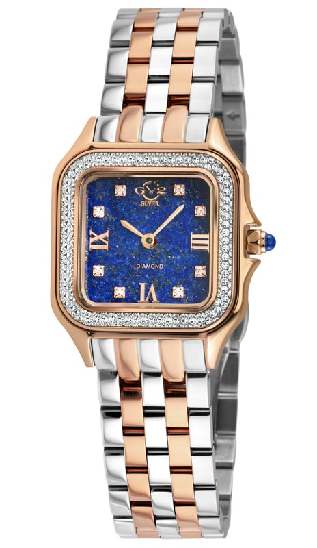 Adorn your wrist with a symphony of decadence, inspired by the heart of the fashion world. The Milan Collection by GV2 is the epitome of lavishness, where Swiss precision craftsmanship meets the effortless allure of Italian style, creating a timepiece that exudes timeless sophistication and femininity.

One of the standout features of this collection is the blue lapis dial option. Lapis lazuli, revered since ancient times for its deep, celestial blue color, symbolizes wisdom, truth, and power. The vibrant blue lapis dial adds a sense of regal elegance to the Milan Collection, with its rich tones evoking the night sky and making each watch a stunning statement of luxury and style.

Eight resplendent diamonds are gracefully set on the dial, enhancing its brilliance and adding a touch of sparkle to the already breathtaking design. The diamond-cut bezel complements the dazzling effect, while the sapphire crystal face creates a canvas of flawless radiance. Choose from a supple Italian handmade patent leather band, available in distinctive hues, or an elegant stainless-steel bracelet, meticulously ion-plated in 18k rose or yellow gold, to suit your personal style.

Each timepiece within the Milan Collection is more than just a watch—it’s a tribute to the legacy of Italian fashion, an emblem of luxurious femininity, and a harmonious marriage of elegance and artistry. The Milan Collection combines the precision of Swiss craftsmanship with the opulent beauty of the blue lapis dial, creating a piece that resonates with the timeless sophistication and grandeur of Milan’s fashion heritage. GV2 121141B Women's Milan Diamond Swiss Quartz Watch