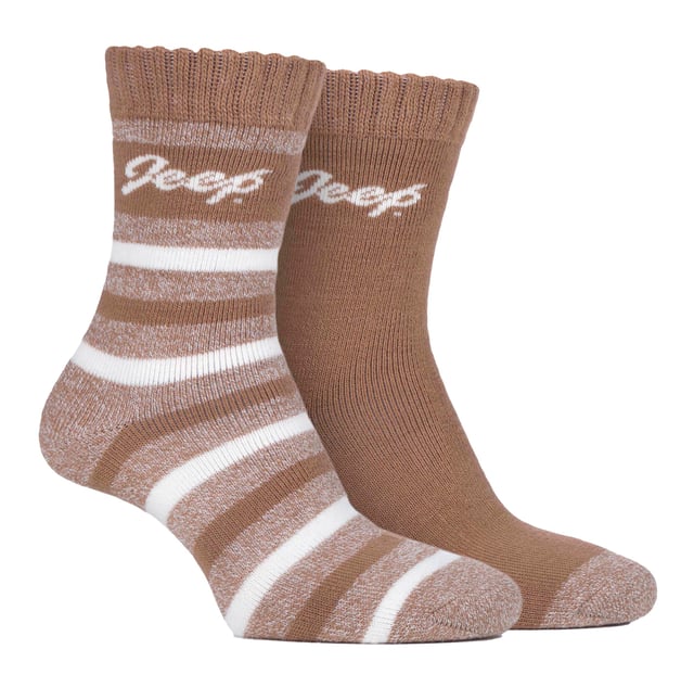 Ladies Thermal Boot Socks Jeep Breathable Cushioned Socks for Running Walking and Hiking Padded Striped Design Socks Tan Cream