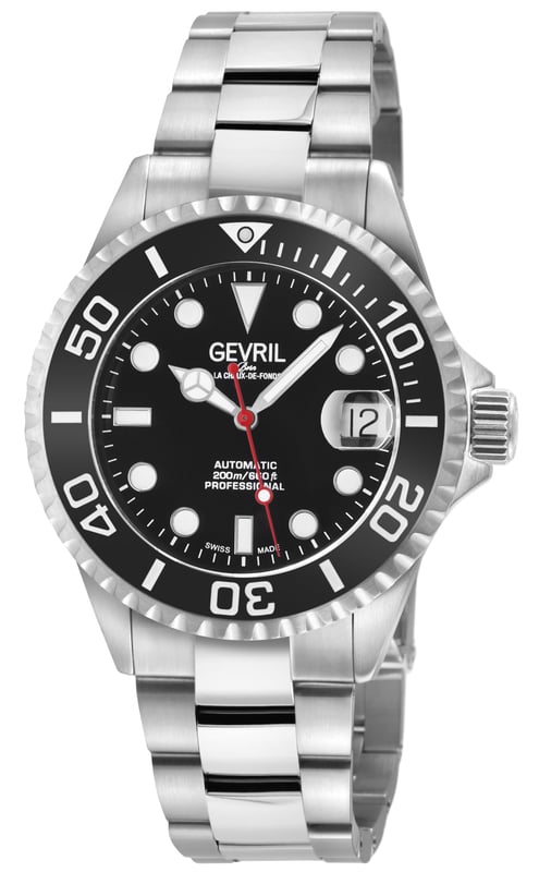 An accessory to success. A distinctive, Swiss-made timepiece is always a sound investment. Artfully reminiscent of the famed New York City skyline, each watch in the Gevril Wall Street Collection commands attention with a stainless steel, architectural design. The new 39mm unidirectional rotating bezel frames sapphire-doomed, anti-glare crystal. Detailed to perfection, a magnified lens showcases luminous indices and hands on a contrasting dial. Form never suffers to function: each watch is water resistant for up to 200 meters and features a stainless steel bracelet with folding deployment closure. Available in a series of sleek dial colorways, the Wall Street Collection makes a strong statement.

Gevril 4760B Men's Wall Street Swiss Automatic Watch

Gevril Men's Swiss Automatic Watch from the Wall Street Collection
39mm Round Stainless Steel Satin and Polished Case, Unidirectional rotating Black bezel
Black Enamel dial, date at 3 o'clock Magnified Lens, Luminous indices on the dial, Luminous hands
Exhibition Screw down Case back, Screw down Crown with Gevril Logo
316L Stainless Steel Satin and Polished Bracelet With Deployment Buckle
Anti-reflective Sapphire Crystal
Water Resistant to 200 Meters/20 ATM
Swiss Automatic Movement, Sellita SW200-1