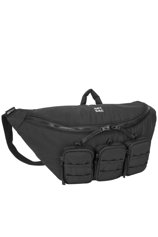 The perfect practial edition to any outfit. This unique triple-pocket design sling bag has enough internal and external space to carry all your every day essentials. Features: , Padded lightweight nylon, Water resistant, Zip top opening to main compartment, ARTSAC screen printed logo, Triple front zip pocket with loops, Internal zip pocket, External rear zip pocket, Top grab handle, 2 Mobile phone internal net pockets, Adjustable shoulder strap allowing backpack styling or bum bag styling Style Ref: 52014 BLACK