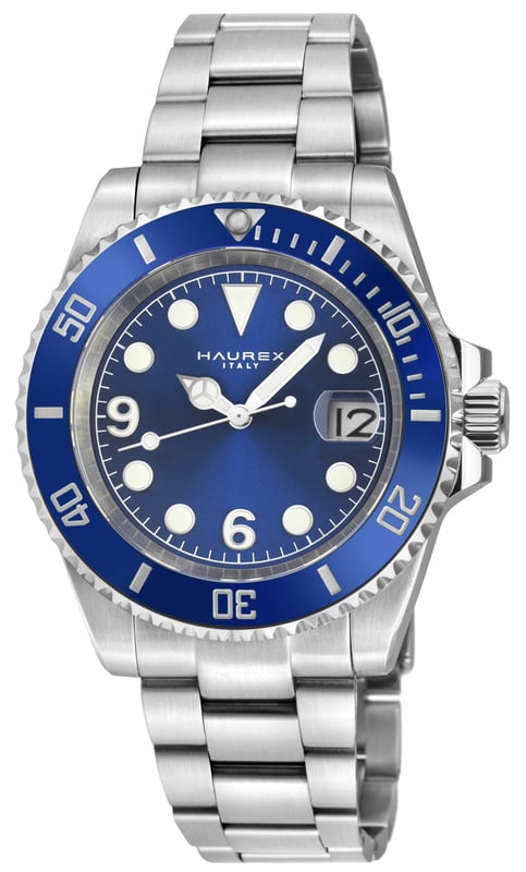 Haurex 4A512UBB  Men's Barracuda Automatic WatchHaurex Men's Automatic Watch from the Barracuda Collection43mm Round 316L Stainless Steel Case, Blue Ceramic BezelBlue Sunray Dial, Date at 4Push/Pull Crown, Exhibition Case back316L Stainless Steel Brushed Bracelet With Deployment BuckleAnti-reflective Sapphire CrystalWater Resistant to 50 Meters/5ATMAutomatic Miyota Ultra thin 9015