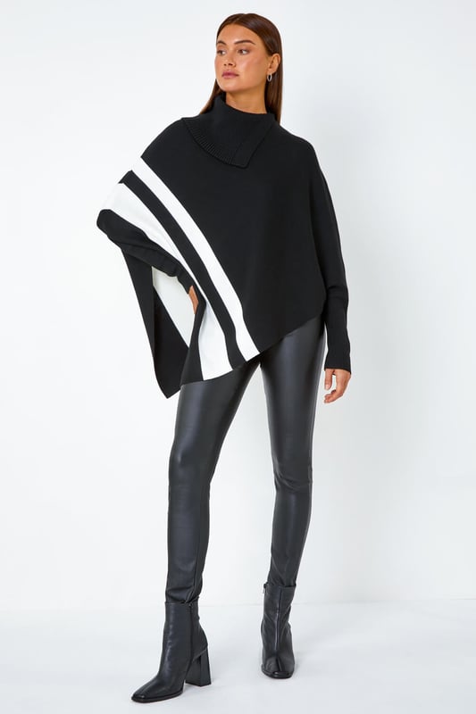 Roll Neck Wool Blend Stripe Poncho from Roman. Add some interesting knits to your collection this season with this asymmetric, stripe print poncho. Cut from a soft, wool-blend knit, this piece features a cosy roll neck and full-length sleeves. Adorned in a bold stripe print this poncho will make a seasonal statement this Autumn. Pair with leather trousers and boots for an on-trend, everyday style perfect for Christmas markets and cosy days out!