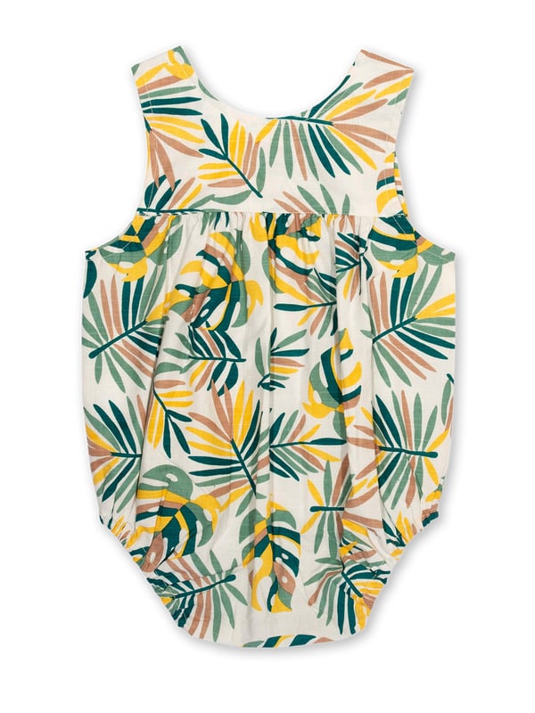 100% organic cotton | Proud to be certified to the Global Organic Textile Standard (GOTS) | Rainforest all-over print | Woven slub fabric | Bubble shape | Adjustable straps with coconut buttons | Popper crotch opening | Elasticated leg cuffs | Soft gathers to yoke | Made in India | Machine washable at 40 degrees, or at 30 degrees to be kinder to the planet