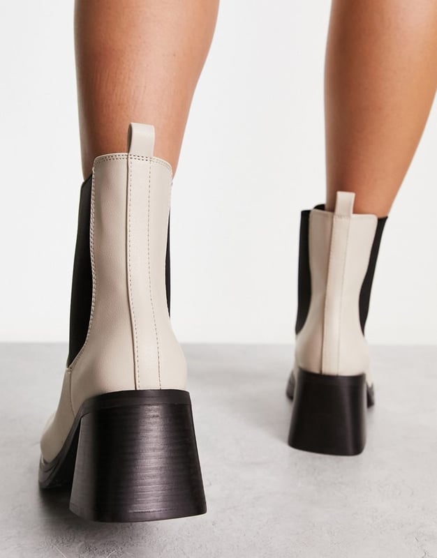 Topshop Wide Fit Bay square toe heeled chelsea boot in off white