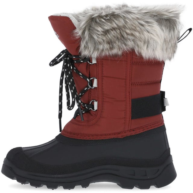 Trespass Girls Lanche Insulated Waterproof Winter Snow Boots The Lanche kids' snowboots are expertly crafted with a waterproof rubber shell outsole and a water-resistant textile upper. They feature a cleated grip sole, a rounded toe, a lace-up front fastening, an adjustable Velcro fastening at the ankle, a mid-calf height, a fleece lining and are finished with faux fur trim at the shaft. Boasting our expert Coldheat insulating technology, these kids snowboots will ensure tiny tootsies are kept toasty in otherwise cooler climates. Kids Snow Boot. Warm and Insulated Fleece Lining. Water-Resistant Textile Upper. Waterproof Rubber Shell Outsole. Adjustable Velcro Fastening. Synthetic Fur Trim. Reflective Logo. Waterproof: Yes. Insulated: Yes.