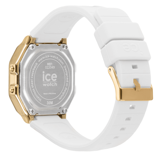 This Ice Watch Ice Digit Retro - White Gold Digital Watch for Women is the perfect timepiece to wear or to gift. It's Gold  Rectangular case combined with the comfortable White Silicone watch band will ensure you enjoy this stunning timepiece without any compromise. Operated by a high quality Quartz movement and water resistant to 3 bars, your watch will keep ticking. Let yourself be seduced by the retro charm of the ICE digit retro - White gold. Following the latest trends, this watch is both glam and fashionable. Its soft strap and simple digital display will complement your most chic and refined outfits. High quality 19 cm length and 18 mm width White Silicone strap with a Buckle Case measurement: 32 X 34 mm,case thickness: 8 mm, case colour: Gold and dial colour: Gold