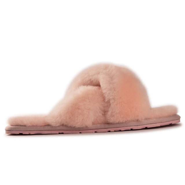 Soft premium genuine Australian Sheepskin wool upper 
 Easy to slide on footwear used in any weather 
 Full premium sheepskin insole 
 Cross over style strap giving a great fit 
 Soft Rubber outsole &ndash; highly durable and lightweight 
 Stylish, Fluffy and cosy all at the same time 
 100% brand new and high quality, comes in a branded box, suitable for gifting