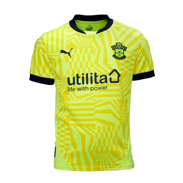 PRODUCT STORY: Stand out with the Southampton FC Away Kit, featuring a striking dazzle graphic on the front of the shirt and sleeves in fizzy yellow and yellow sizzle. The navy collar, cuffs, and shorts create a recognizable and classic color combination for the Saints. FEATURES & BENEFITS: dryCELL Technology: Engineered to wick moisture away from your body, ensuring you stay dry and comfortable.; Eco-Friendly Fabric: Crafted with at least 95% recycled materials (excluding decorations), supporting a sustainable future.
