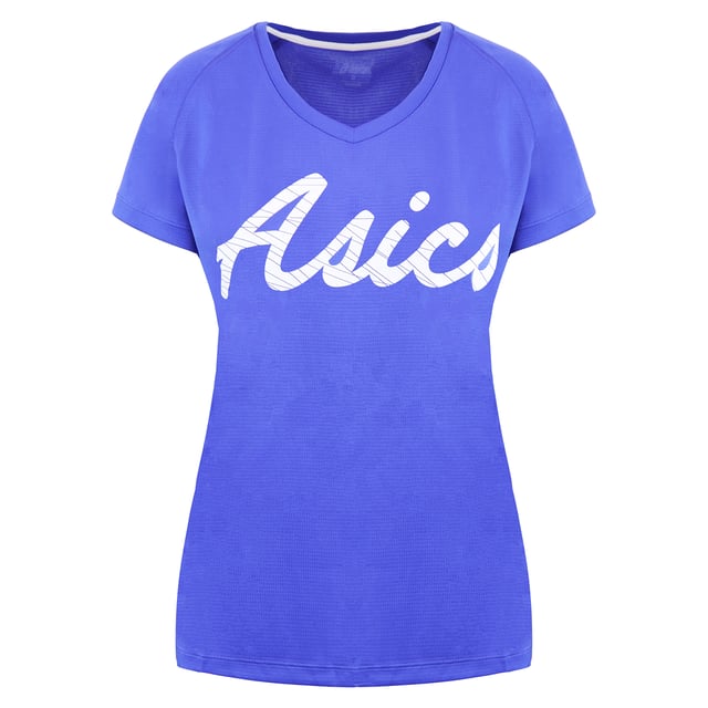 Asics Logo Womens Blue T-Shirt Asics Graphic Logo Short Sleeve V-Neck Blue Womens T-Shirt 142910 8091