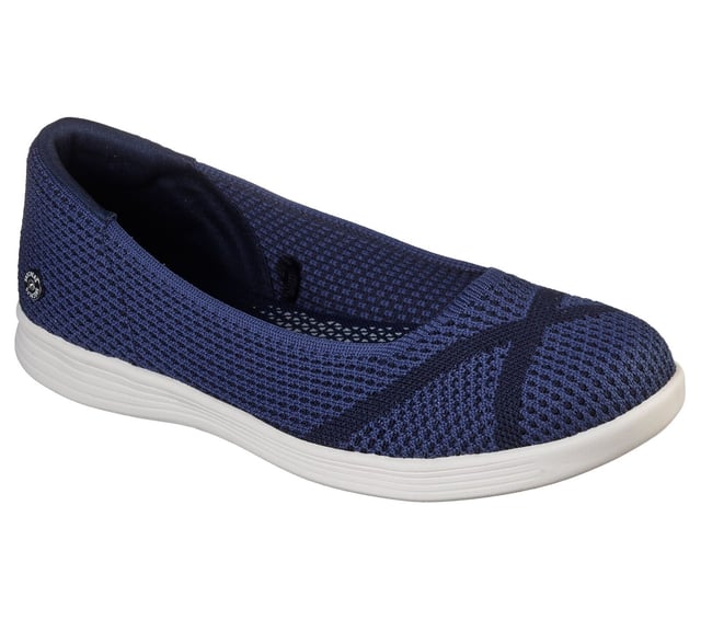Skechers On The Go Dreamy Slip On Women's Shoes In Navy Sleek versatile style combines with advanced comfort in the Skechers On the GO Dreamy - Lily shoe. Soft woven mesh fabric upper in a casual comfort slip on walking skimmer ballet flat with two-colour knit design, Air Cooled Goga Mat® insole and ULTRA GO™ cushioned midsole.
Details:
Soft woven knit mesh fabric upper
Casual comfort slip on skimmer ballet flat design
Stitching accents
Two-tone woven design with instep accent color woven in detail
Side S logo
Padded collar with extra padded heel lining