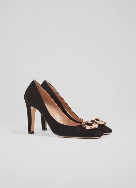 LK Bennett Evelyn Closed Courts, Black A high-heeled court with chic detailing, our Evelyn courts feel a little dressier than the classic styles. Beautifully-crafted in Italy from super-soft black suede, they have a round toe, a gold eternity ring embellishment - which is exclusive to LKB - a sleek shape and an elegant stiletto heel. Wear them to work or for spring occasions.