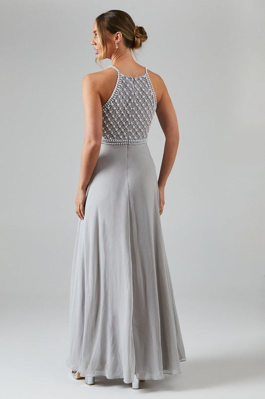 Halterneck Pearl Embellished Georgette Bridesmaids Maxi Dress
