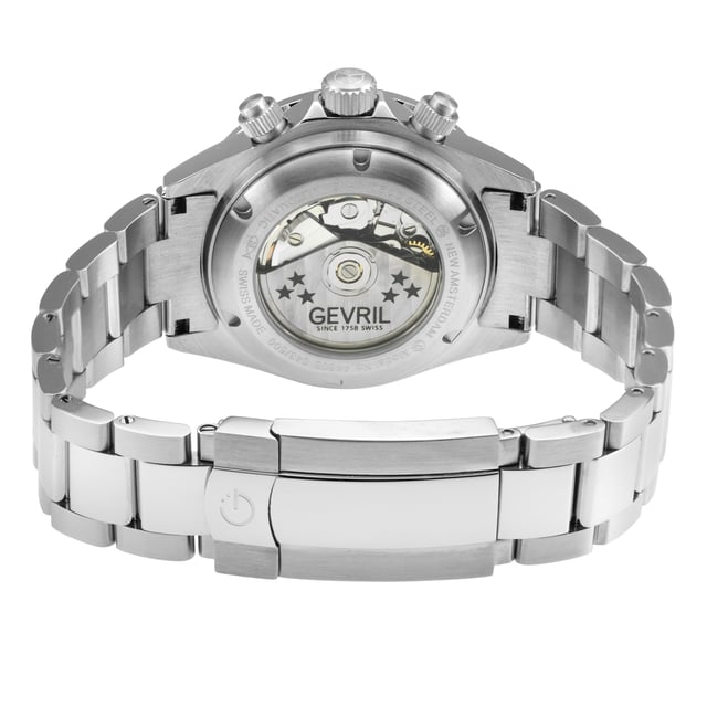 Gevril 44607 Men's New Amsterdam Swiss Automatic Chronograph Watch Gevril Men's Swiss Automatic Chronograph Watch from the New Amsterdam Collection 40mm Round Stainless Steel Polished Case and Top Ring Black Dial, Luminous indexes , Screw down Crown Exhibition Case back Chronograph sub dials are at 3:00, 6:00, 9:00 (small seconds location) 316L Stainless Steel Satin and Polished Oyster Bracelet With Deployment Buckle Anti-reflective Sapphire Crystal Water Resistant to 200 Meters/20 ATM Swiss Automatic Movement, Chronograph, ETA 7753