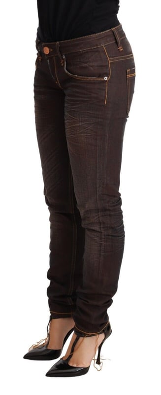 Brand: ACHT
  Condition: Brand new with tags
  Material: Cotton
  Style: Slim fit low waist skinny denim
  Color: Brown washed
  Closure: Zipper and button
  Details: Logo details
Material: Cotton