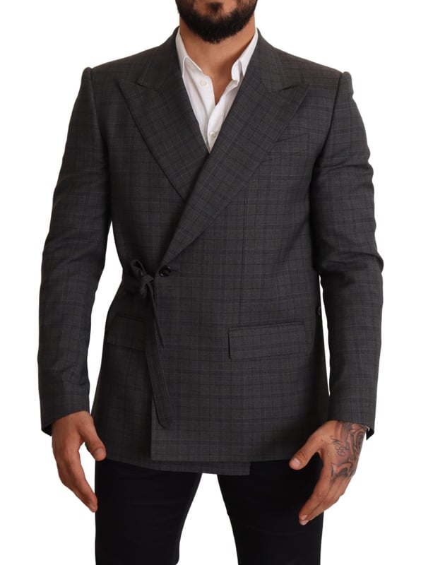 Brand: Dolce & Gabbana
  Model: MARTINI
  Style: Double breasted one button
  Fitting: Slim fit
  Color: Gray check
  Three outside pockets and two inside pockets
  One open vent in the back
  Logo details
  Made in Italy
  Material: 99% Wool 1% Elastane
  Lining: 100% Silk
Material: 99% Wool 1% Elastane