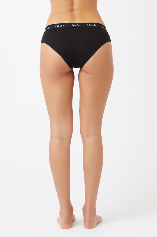 Black 5 Pack Cotton French Connection Ladies Briefs Refresh your everyday essentials with this five-pack of French Connection briefs. Features elastic waistband with a classic FCUK branding logo. Made from stretch cotton fabric to ensure comfortable wear.