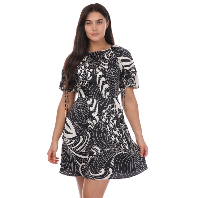 Womens Ted Baker Faridda Printed Puff Sleeve Mini Dress in black.Liven up your wardrobe with the retro inspired FARIDDA dress. With its stunning retro swirl print  tie-up back and beautiful ruched sleeves  the only question is: will you wear it to lunch or to a party?- A-line.- Short ruched sleeves.- Zip fastening.- Tie up back.- Lined.- Retro swirl print.- Shell: 100% Polyester; Lining; 100% Polyester.  Hand wash.- Ref: 268466BLACK