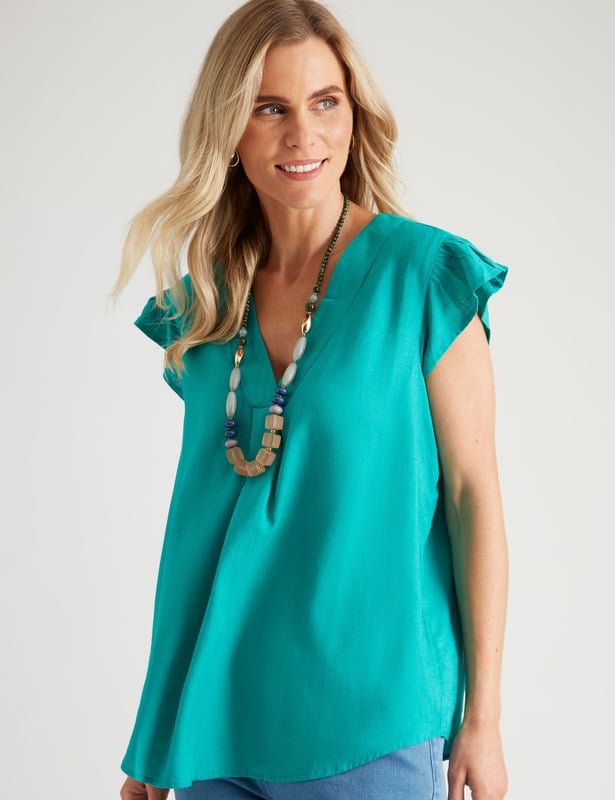 Womens Millers Cap Sleeve Linen Blend V Neck Blouse