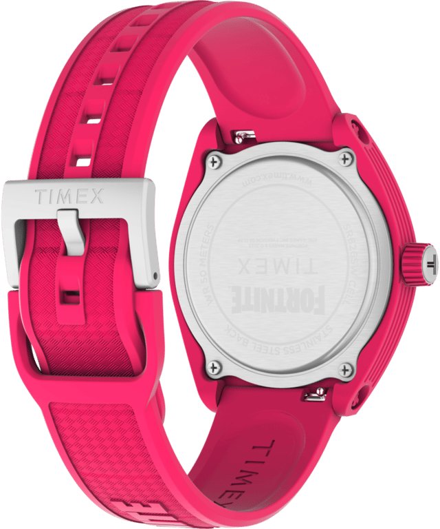 This Timex Urban Pop X Fortnite Analogue Watch for Men is the perfect timepiece to wear or to gift. It's Pink 40 mm Round case combined with the comfortable Pink Plastic watch band will ensure you enjoy this stunning timepiece without any compromise. Operated by a high quality Quartz movement and water resistant to 5 bars, your watch will keep ticking. The Timex x Fortnite collection brings the hype with this epic update to our planet-friendly Urban Pop. Gear up for gameplay with the infamous Cuddle Team Leader. High quality 21 cm length and 19 mm width a Pink Plastic strap with a Buckle Case diameter: 40 mm,case thickness: 10 mm, case colour: Pink and dial colour: Pink