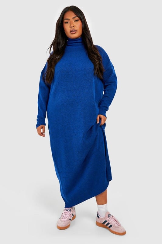 Plus Soft Knit Roll Neck Midi Dress Bring a new kinda attitude in this latest piece from our collection of plus size dresses. Available in UK sizes 16-24, our range of curve dresses carries all the on-trend pieces you need to feel confident. Whether it's a plus size black dress or skater style you're adding to your basket, we promise no more awkward fits, just dresses you can depend on. Work a flattering plus size t-shirt dress or smock shapes during the day, then take on the night in sexy styles, maxi lengths and Bardot necklines. From sexy plus size dresses to work-wear appropriate options, shop it all on boohoo.Style: CardiganFabric: AcrylicLength: MidiNeckline: Roll NeckSleeve Length: Long Sleeve
