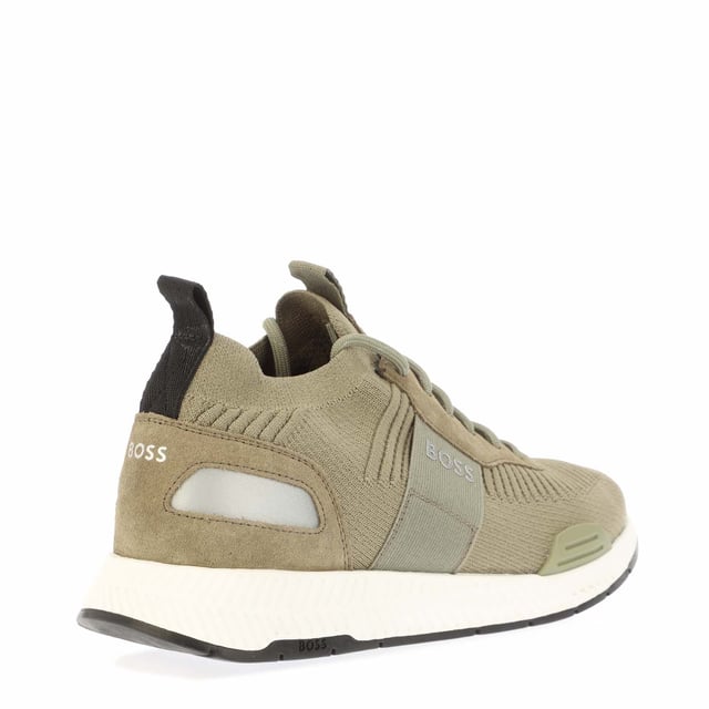 Mens BOSS Titanium Running Trainers in green.- Stretchy knitted upper.- Lace up fastening.- Pull tabs on the collars and tongues.- Signature BOSS lettering to the heels  tongues and lateral sides.- Rubber sole.- Ref: 50498245302