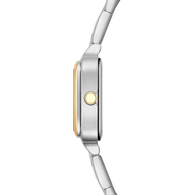GENERAL INFORMATION:  • Targetgroup: Female  • Wristwatch: No Special Functions  • Display: analogue  • Weight of watch w/o box (gr.) - approx.: 60  MOVEMENT:  • Movement: Quartz  • Term of Movement: 2025  • Origin of movement: Japan  BRACELET:  • Material of bracelet/strap: Stainless steel  • Plating of bracelet/strap: No, IP-Plating  • Finishing of bracelet/strap: Smooth  • Finishing/Decoration of bracelet/strap: None  • Clasp/Closure/Buckle: Security-folding clasp  • Color of bracelet/strap: Silver/yellow gold  • Length of bracelet/strap (mm) approx.: 210,0  • Width of bracelet/strap (mm) approx.: 13,7  • Style/Design of bracelet/strap: Link bracelet  • Bracelet/strap adjustable?: Yes  CASE:  • Shape of case: Square  • Size/Diameter of case in mm . approx.: 25,0 x 32,0  • Height of case in mm: 8,2  • Case material: Metal (Alloy)  • Surface of case: Polished  • Bezel/Topring: Fixed  • Finishing/Decoration of case: None  • Material of case back: Stainless steel  • Lock of case back: No screwed-in crown  • Color of case: Silver/yellow gold  • Coating/Plating (Case): No, IP-Plating  • Type/Form of crystal: Flat  • Material of crystal: Mineral crystal  DIAL:  • Size jewelry care cloth: Hour, Minute  • Indices: Roman indicies  • Material of dial: Brass  • Structure/pattern of dial: Flat  • Color of dial: Blue  PUSHER, CROWN, HAND:  • Pusher: None  • Corrector: No  • Crown: No screwed-in crown  • Type of hands: Pole hand  • Luminescent (hands): No  PACKAGING & SCOPE OF DELIVERY:  • Box: Yes  • Service booklet: Yes  • Manual: Yes