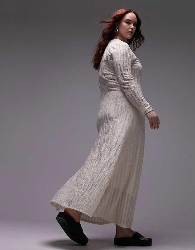 Topshop Curve knit long sleeve maxi dress in beige-Neutral