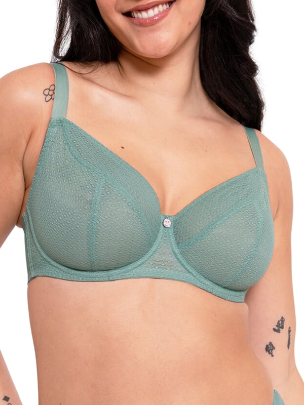 Curvy Kate Happy Balcony Bra. Non padded balcony made from recycled Nylon with four rows of hook & eye fastening perfect for fluctuating sizes, lightweight geometric lace and three part cups. The product is recommended for hand wash only.