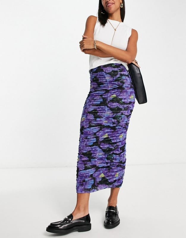 Topshop ruched mesh floral midi skirt in purple