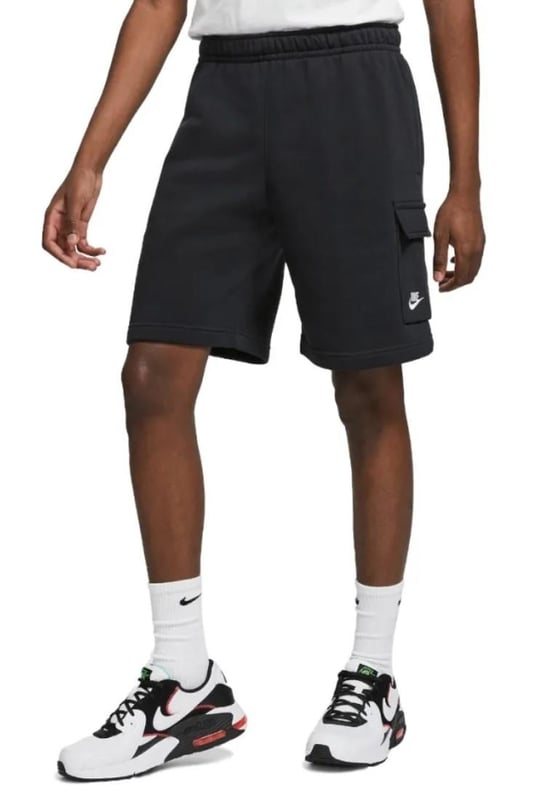 Nike Club Mens Cargo Shorts in Black The Nike Sportswear Club Fleece Shorts are made with a soft, brushed-back fleece that provides a comfortable feel ready for everyday wear . - - . Elastic waistband with an adjustable drawcord lets you personalize the fit . - - . A flap pocket on the left leg provides additional storage for your phone and other small essentials . - - . Brushed-back fleece fabric feels soft and smooth . - - . Standard fit for a relaxed, easy feel.