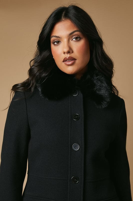 Faux Wool Button Through Dolly Coat With Fur