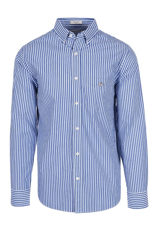 Gant Reg Poplin Stripe Shirt College Blue
100% cotton, regular fitting, with a box pleat to the back for added room and comfort. The durable and crisp poplin fabric looks and feels fantastic when worn, anf the very easy to style stripe is a must for your shirt rotation

100% Cotton
Poplin Fabric
Embroidered Badge
Style - 3000130