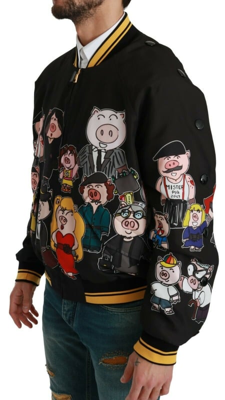 100% Authentic Dolce & Gabbana Bomber Jacket
  Black with multicolor pig motif
  2019 Year of the Pig Family inspired design
  Regular fit with zipper closure
  Two outside pockets and two inside pockets
  Dolce & Gabbana logo details
  Made in Italy with high craftsmanship
  Material: 100% Polyester Lining: 100% Polyester
Material: 100% Polyester