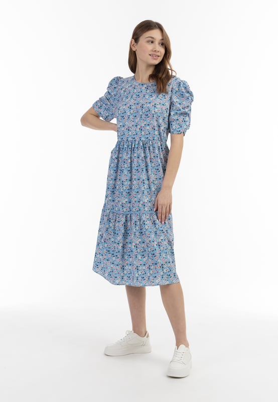 Verspreide bloemen voegen modieuze cool toe aan de jurk van myMo, in contrast met de gelaagde stroming en de pofmouwen met ruches. Gemaakt in Italië, komt dit ontwerp in een los silhouet en een comfortabele stretchstof.