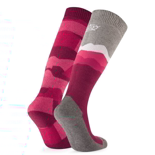 Aleko Womens Ski Socks Raspberry Featuring heavy cushioning, which means there's padding right the way around the sock, our Aleko Ski Socks are ideal for anyone who wants to ensure total comfort. Rubbing and blistering will be kept to a minimum, so you can keep your mind on the skiing ahead. These socks are made from a merino fabric blend that offers fantastic comfort and include features like re-inforced heel and toe areas that ensure these socks are long wearing, plus elastic support at the ankle and foot arch and a non-slip grip cuff to keep your socks tight against the leg, even after a whole day on the piste. These socks come in a range of cool designs and colours so no matter what look you're going for you'll be sure to achieve it. Coming in a 2 pack, you'll be able to keep it fresh, even with multiple days on the slopes.