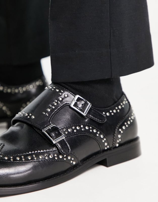ASOS DESIGN double strap monk shoes with stud detail in black faux leather