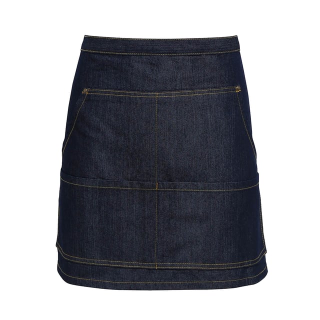 Denim waist apron with contrast stitching. Copper rivets. Four pocket compartments. 106cm self fabric ties. Length of apron is 39.5 cm and width 79cm. Washing Instructions Domestic wash 60c, Industrial laundry 85c. Fabric 70% Cotton, 30% Polyester twill.