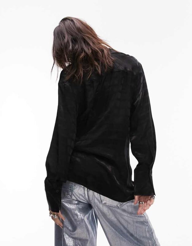Topshop self check satin shirt in black Tops by Topshop Welcome to the next phase of Topshop Spread collar Wrap front Button placket Chest pocket Regular fitSold By: Asos